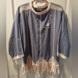 JM PINK Blue Tunic with Hand Crochet Fringe & Embroidery SZ L
